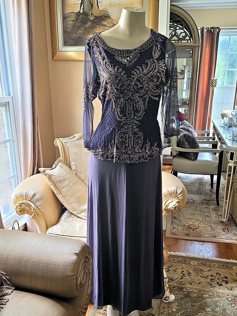 Beaded Long Sleeve Maxi Dress in Black. New.